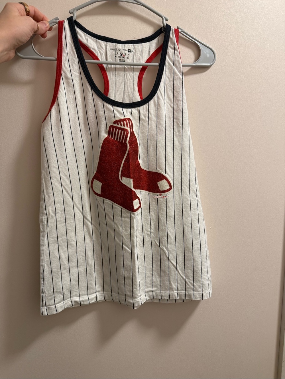 Women White Pinstripe Red Sox Tank Top